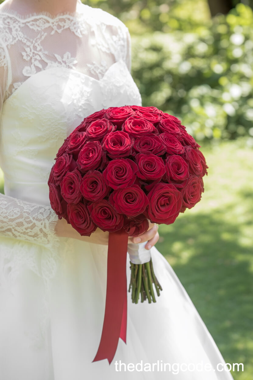 Classic Round Red Rose Bouquet With White Satin Ribbon