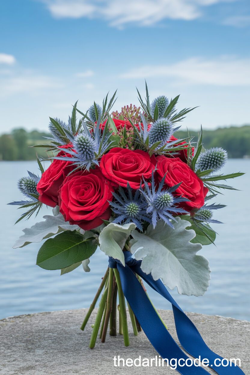 Red Rose And Blue Thistle Lakeside Bouquet