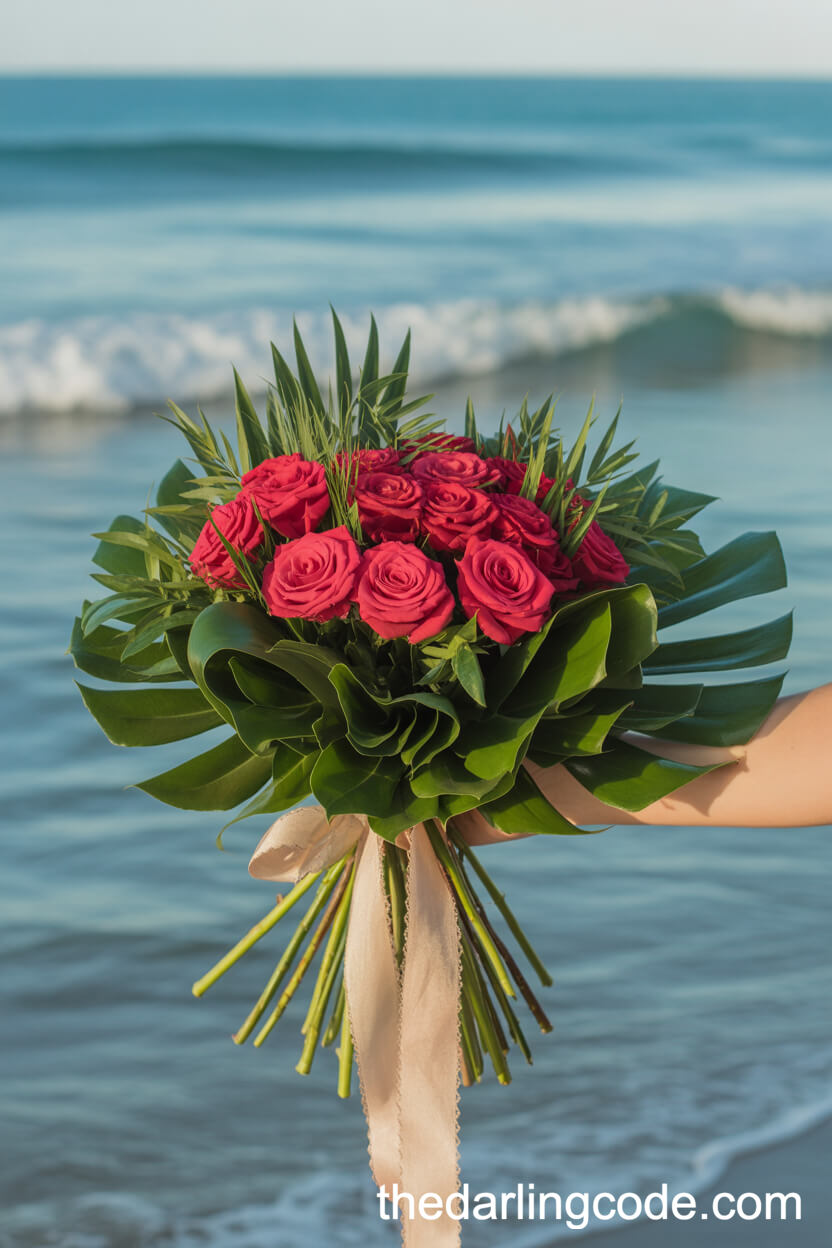 Tropical Red Rose Bouquet With Monstera Leaves