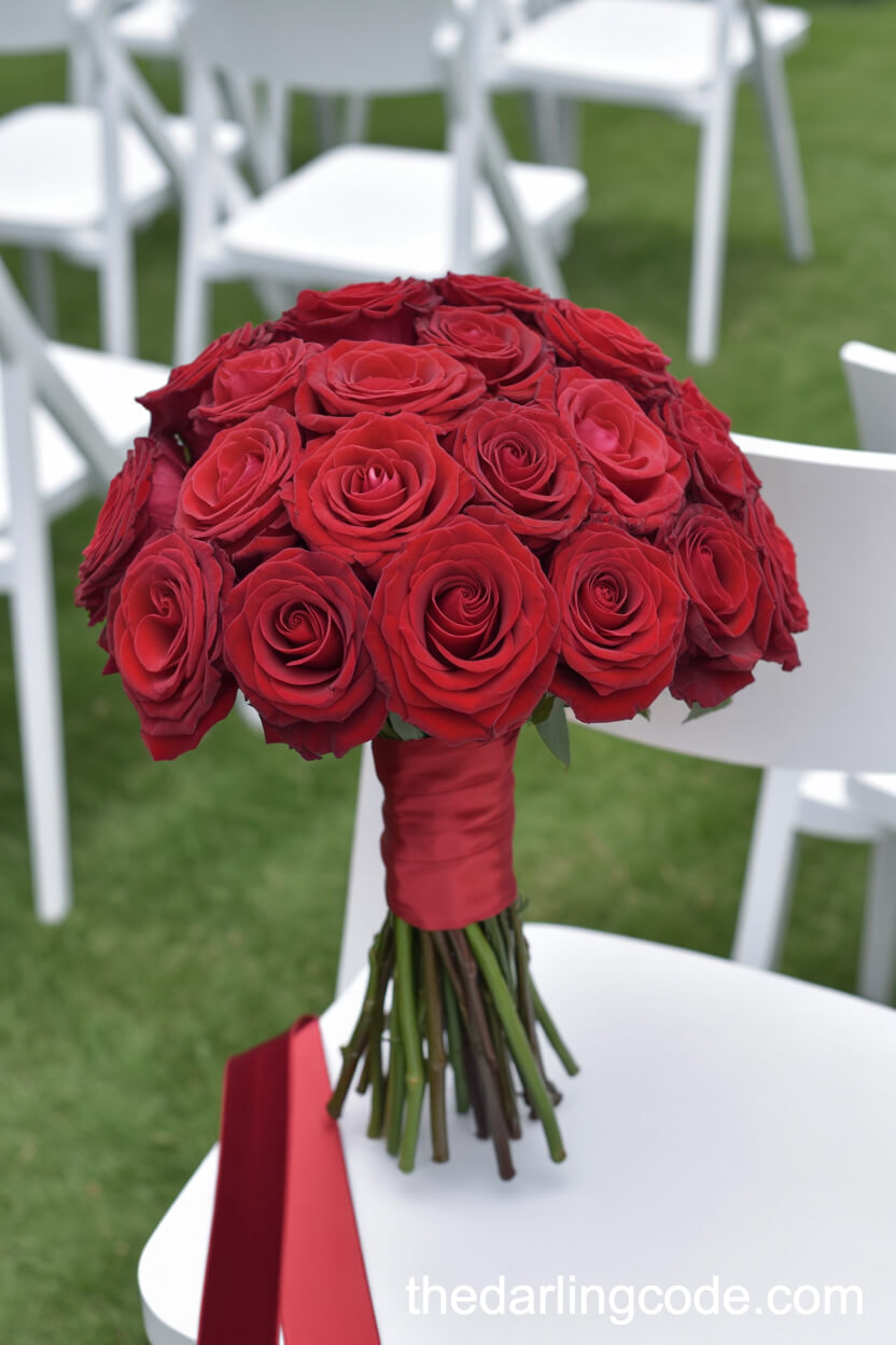 All-Red Rose Bouquet With Velvet Ribbon
