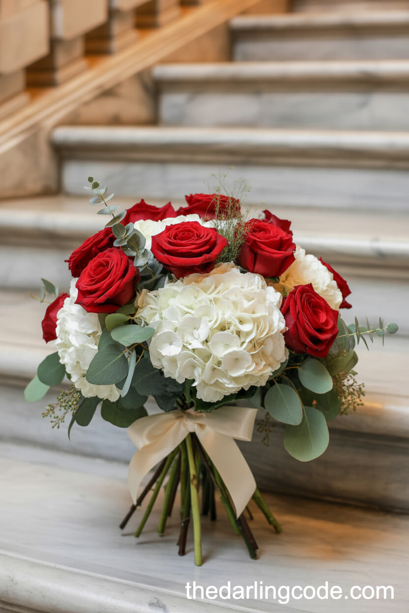 Grand Red Rose And White Hydrangea Indoor Bouquet