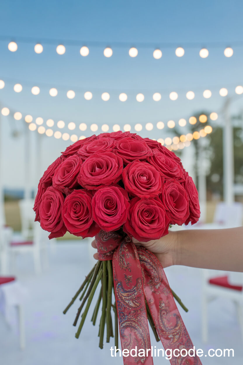 Vibrant Red Rose Bouquet With Paisley Ribbon