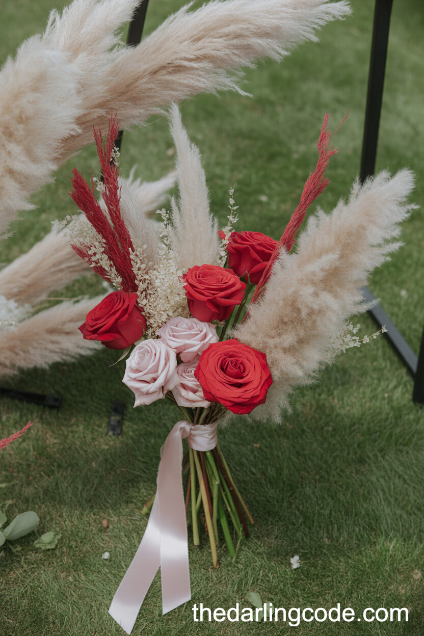 Boho Glam Red Rose And Pampas Grass Bouquet