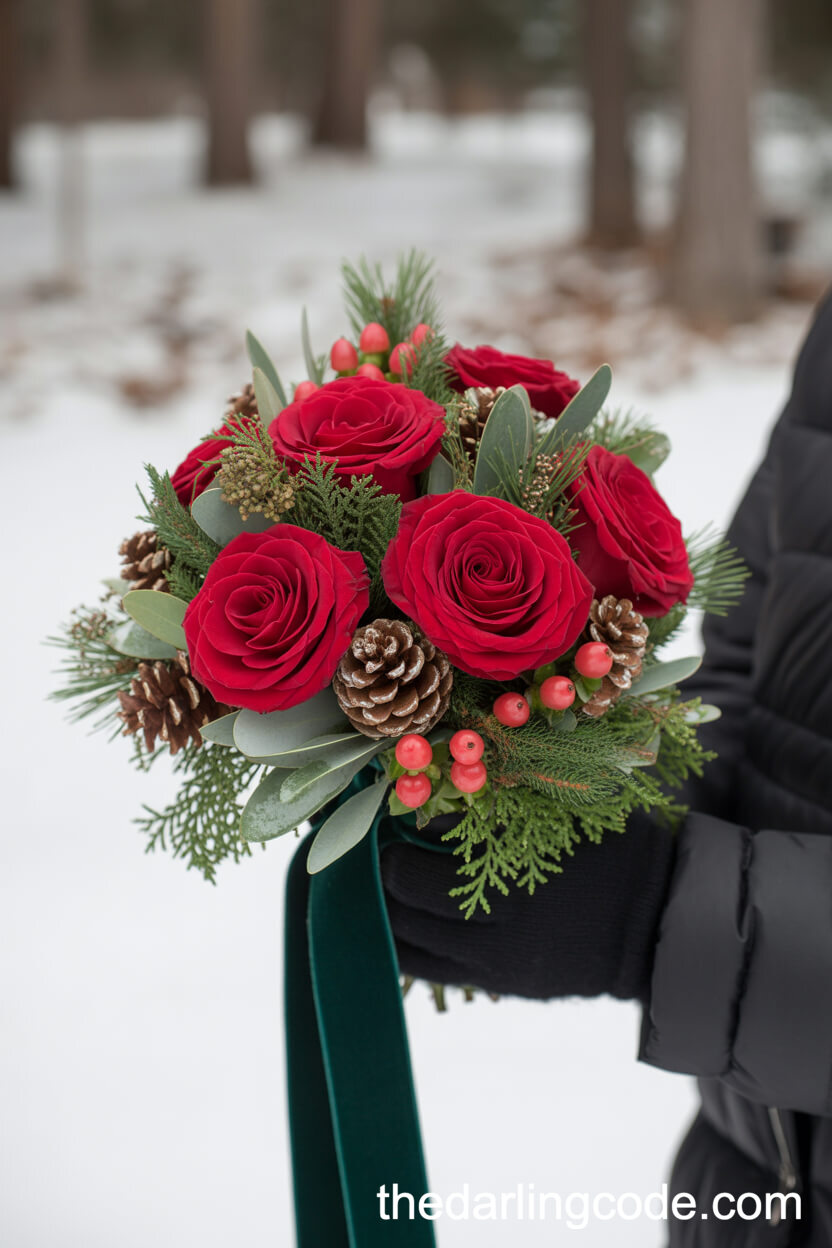 Red Rose And Pinecone Winter Bouquet With Evergreen Accents