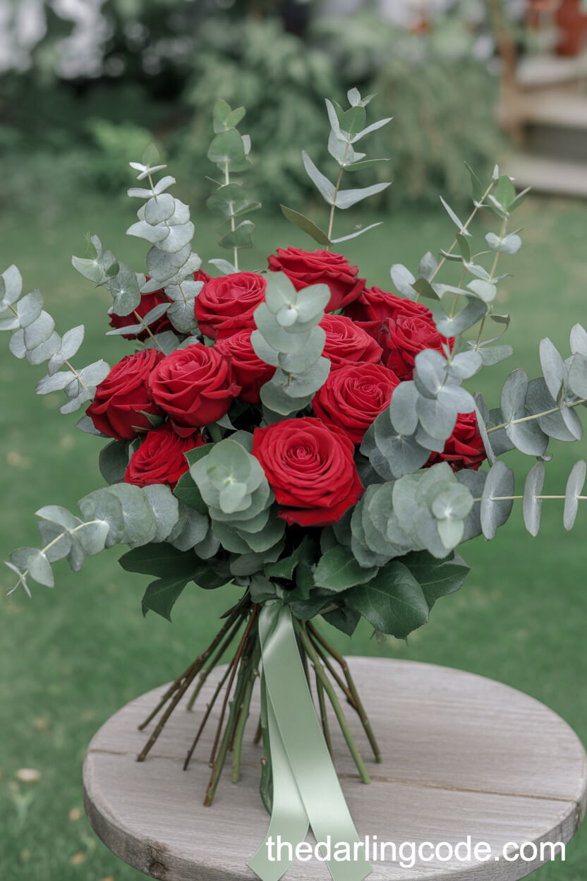 Fresh Red Rose And Eucalyptus Garden Bouquet