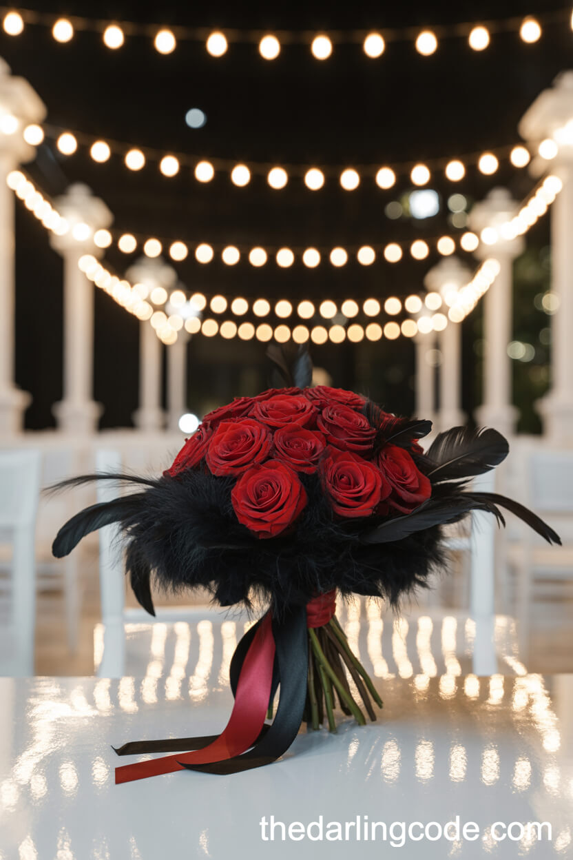 Dramatic Red Rose Bouquet With Black Feather Accents