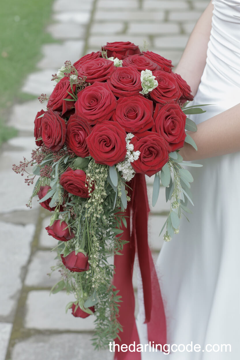 Cascading Red Rose Bouquet With Greenery And White Flowers