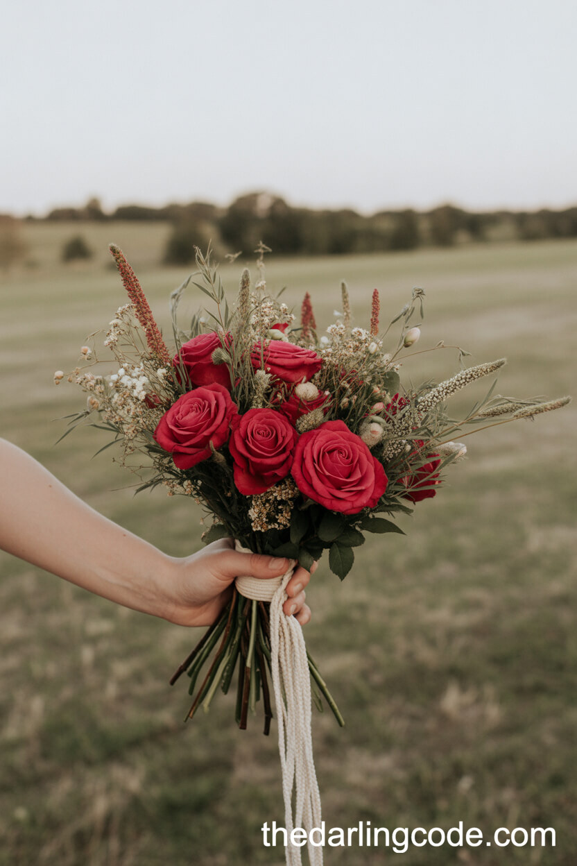 Boho-Chic Red Rose And Wildflower Bouquet