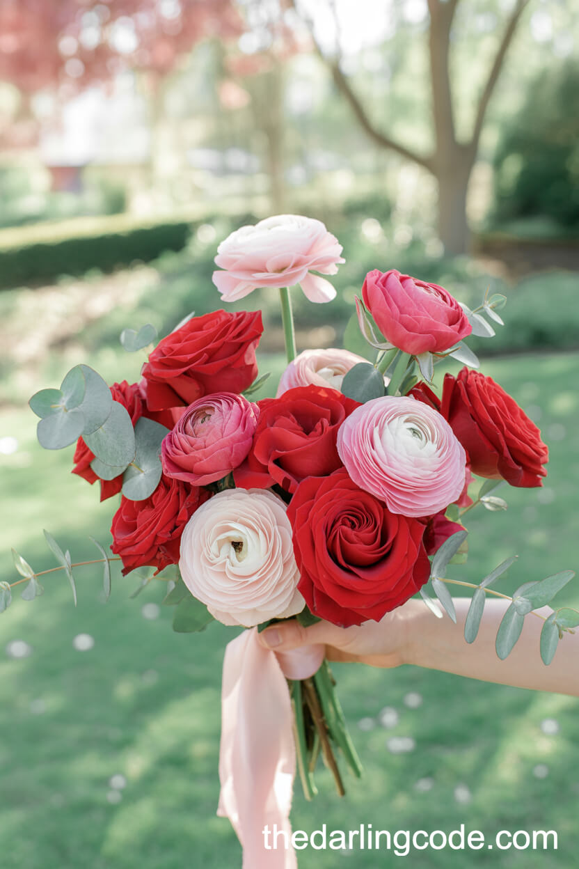 Red Rose And Blush Ranunculus Spring Garden Bouquet