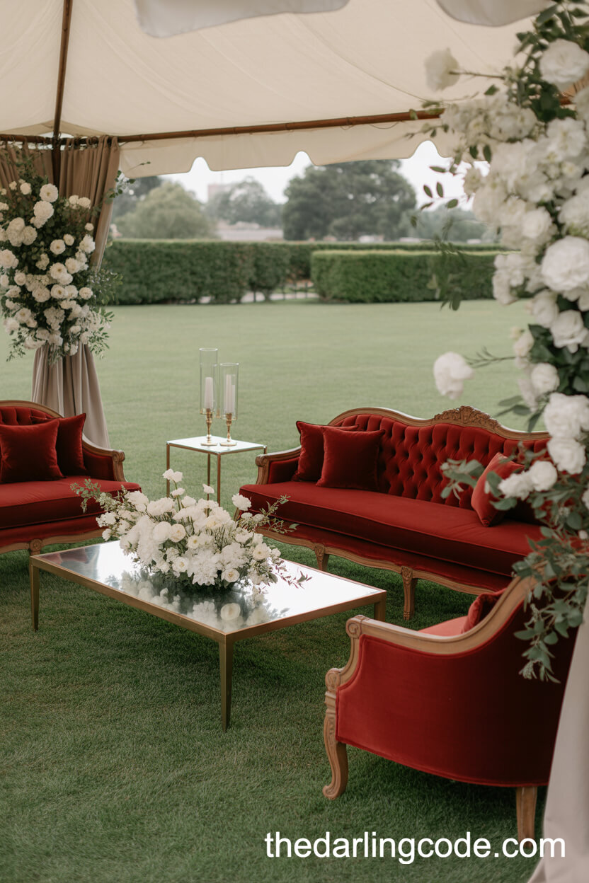 Cozy Outdoor Lounge With Red Velvet Seating