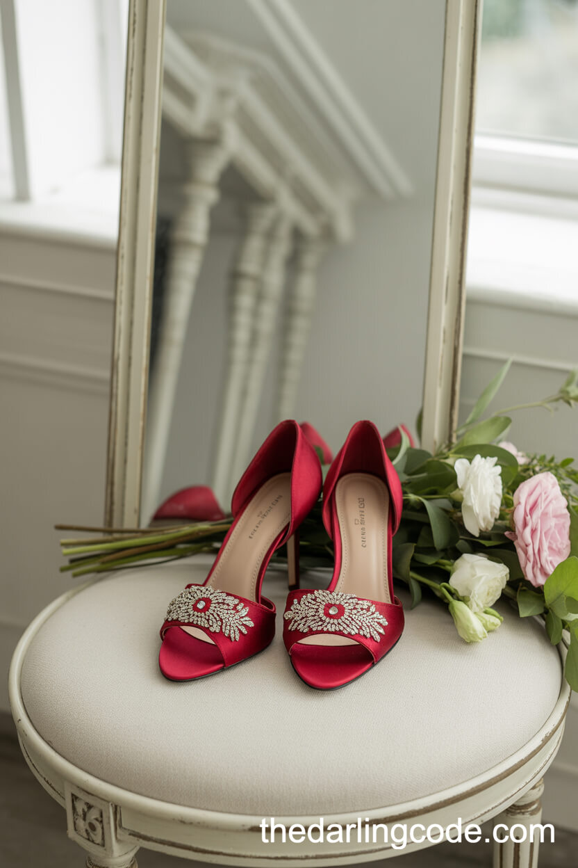 Crimson Bridal Heels With Rhinestone Embellishments