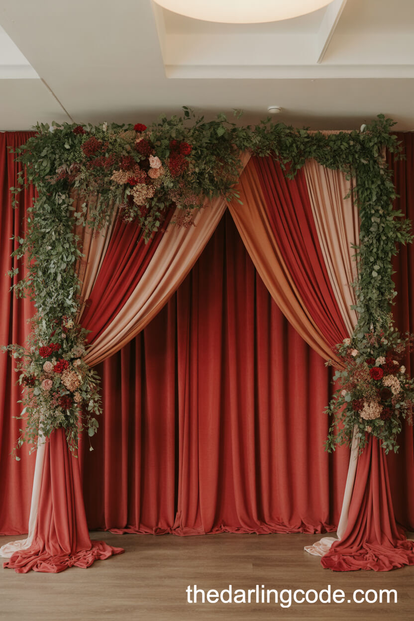 Luxurious Red Draped Backdrop For The Ceremony