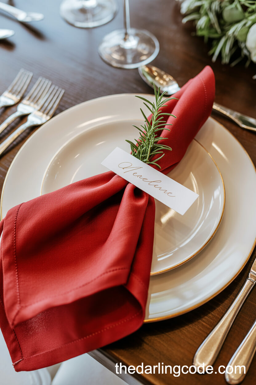 Red Linen Napkins With Gold-Embossed Name Cards
