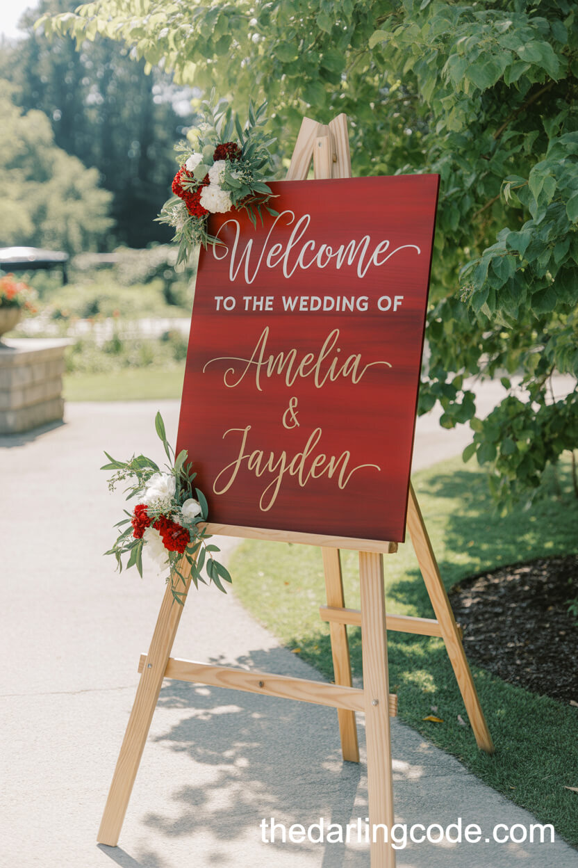Elegant Red And Gold Wedding Welcome Sign