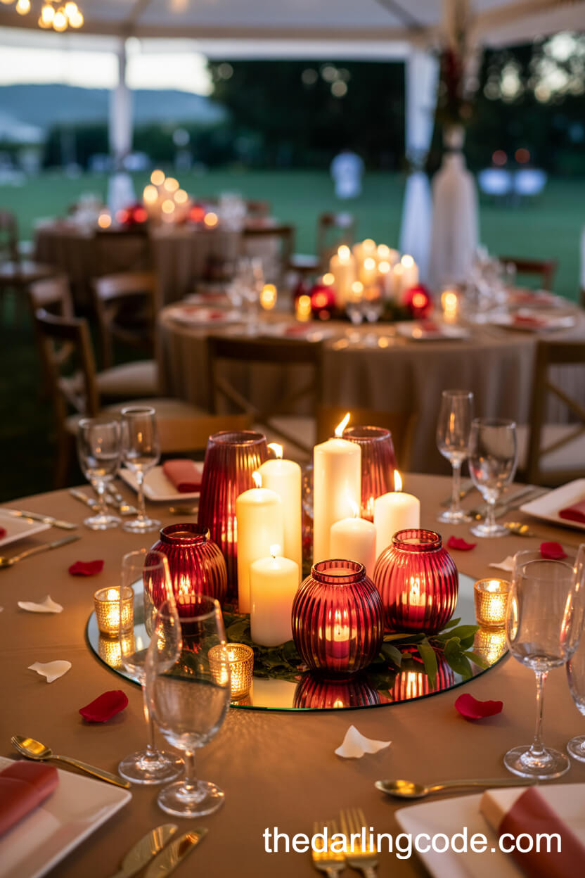 Evening Reception Tables With Red Lanterns And Candle Centerpieces