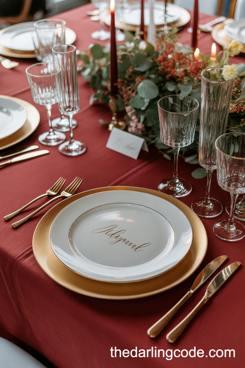 Luxurious Reception Table With Red Linens And Gold Accents