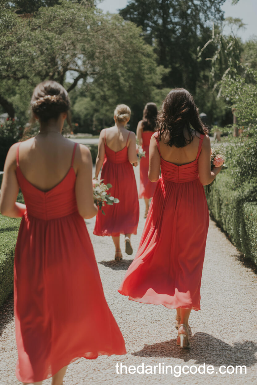 Bridesmaids In Elegant Flowing Red Summer Dresses
