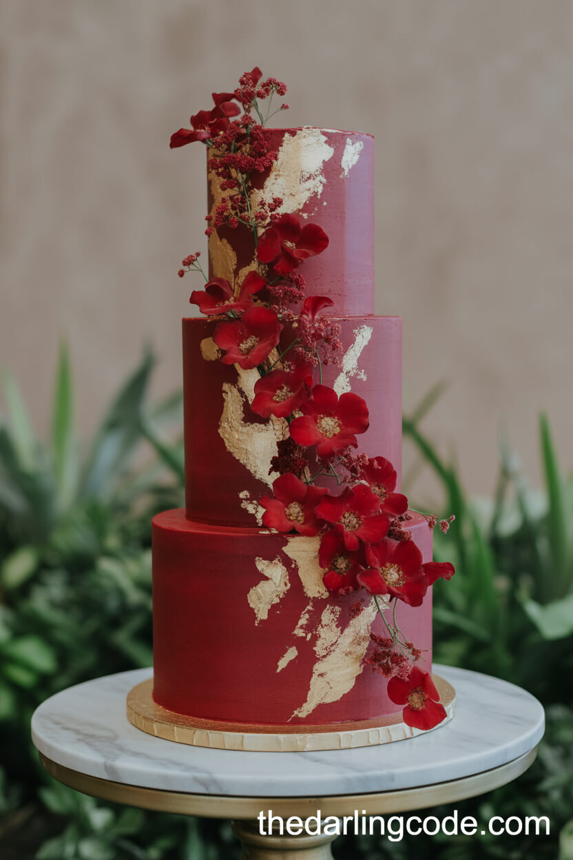 Garnet-Toned Wedding Cake With Gold Leaf And Edible Flowers