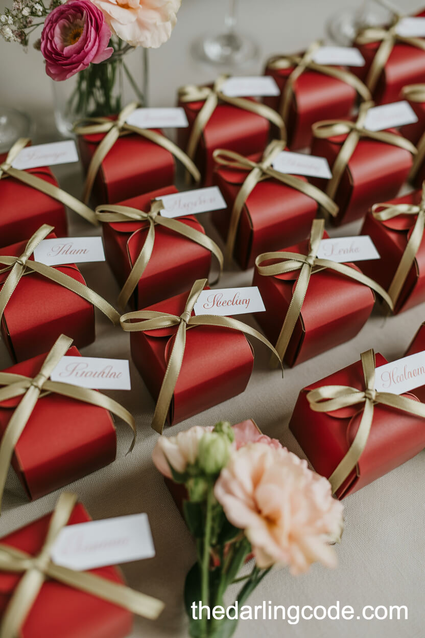 Cherry Red Favor Boxes With Gold Ribbons