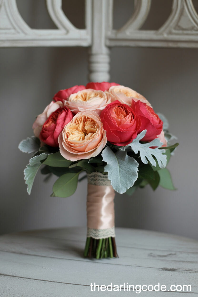 Vintage Red Garden Rose And Peach Spray Rose Bouquet