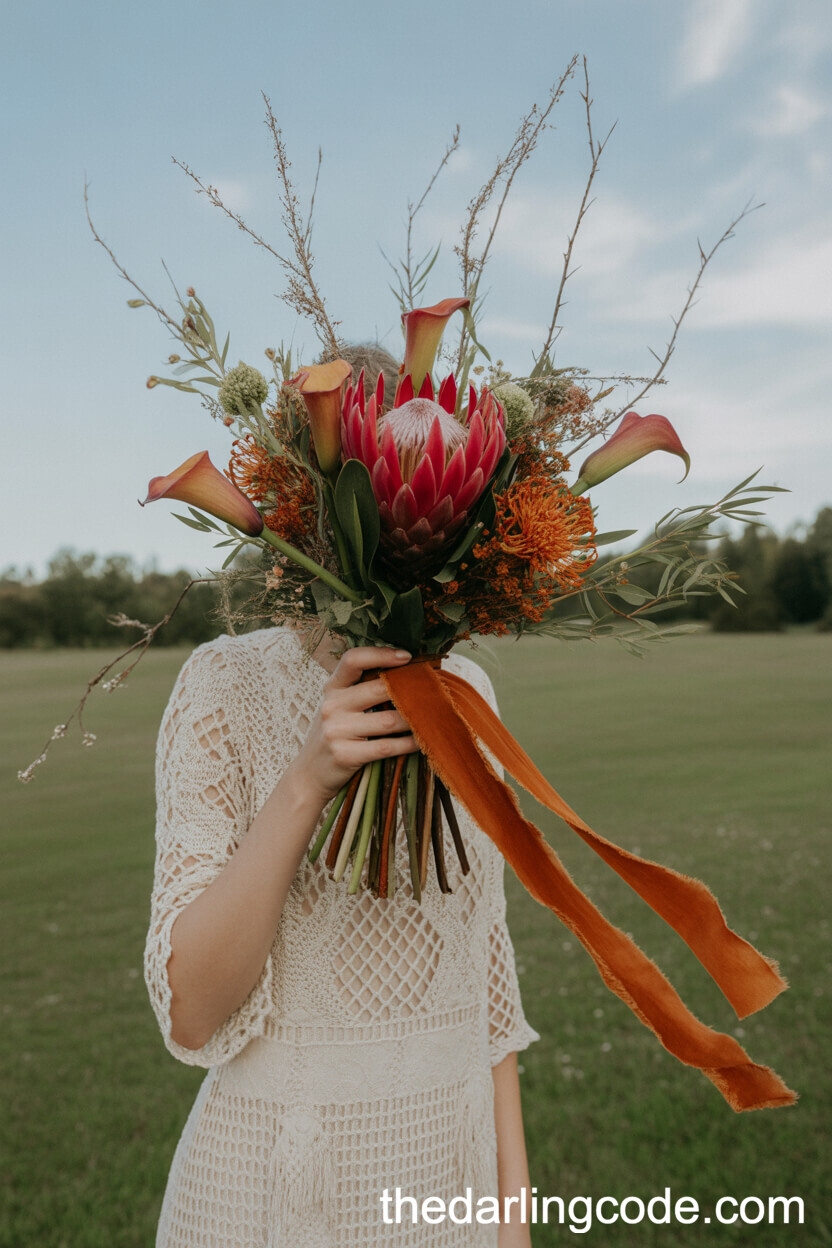 Boho Red Protea And Orange Calla Lily Meadow Bouquet