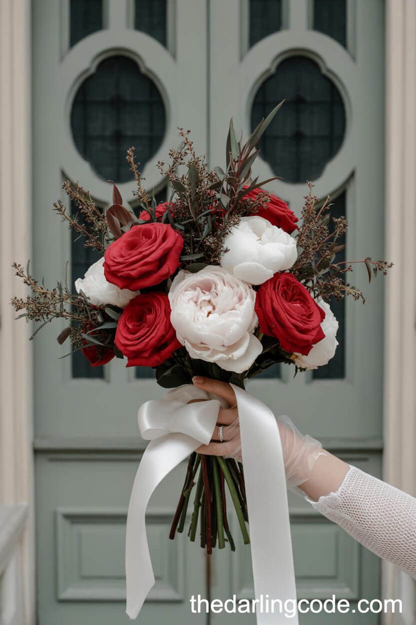 Bold Red Rose And White Peony Church Wedding Bouquet