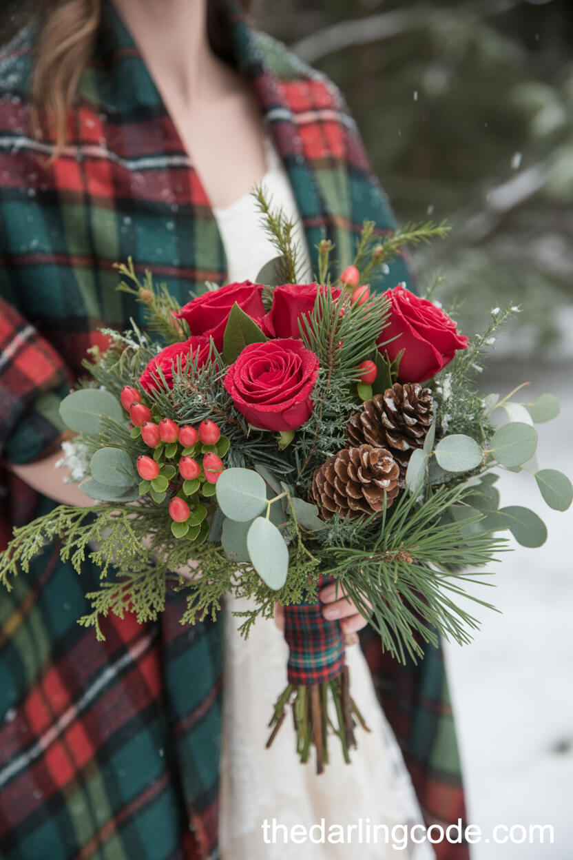 Festive Red Rose Pinecone And Tartan Winter Bouquet