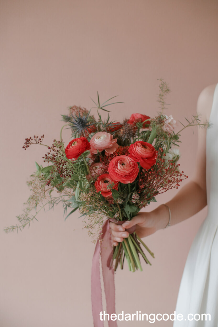 Vibrant Red Ranunculus And Berry Spring Bouquet
