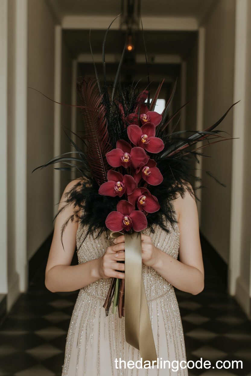 Unique Red Orchid And Black Feather Art Deco Bouquet