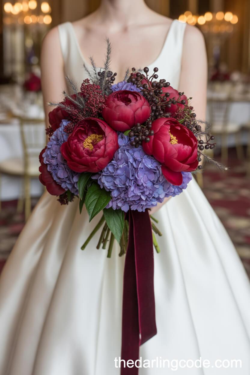 Lush Red Peony And Purple Hydrangea Ballroom Bouquet