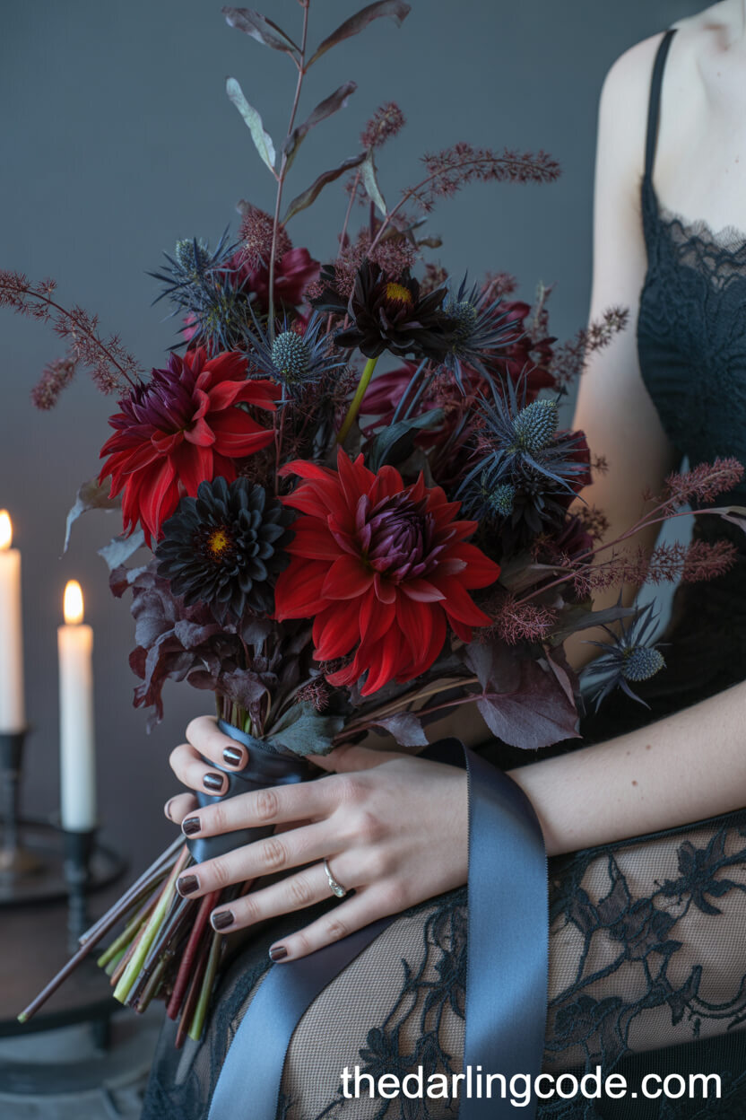 Moody Red Dahlia And Burgundy Foliage Textured Bouquet
