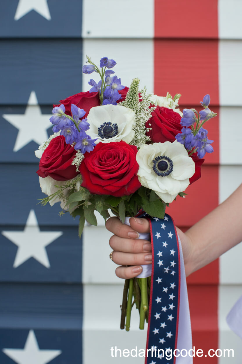 Patriotic Red Rose White Anemone And Blue Delphinium Bouquet