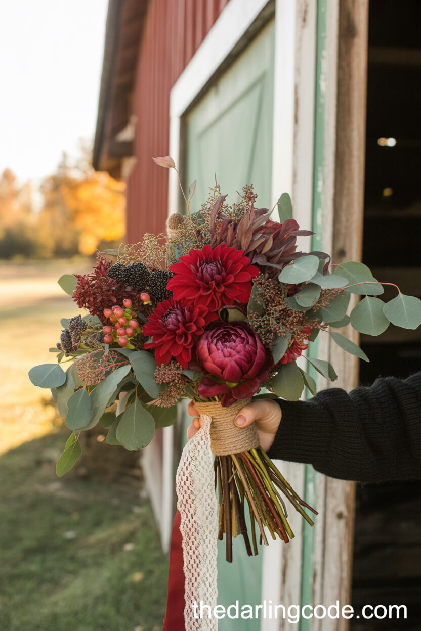 Rustic Red Dahlia And Peony Farmhouse Bouquet