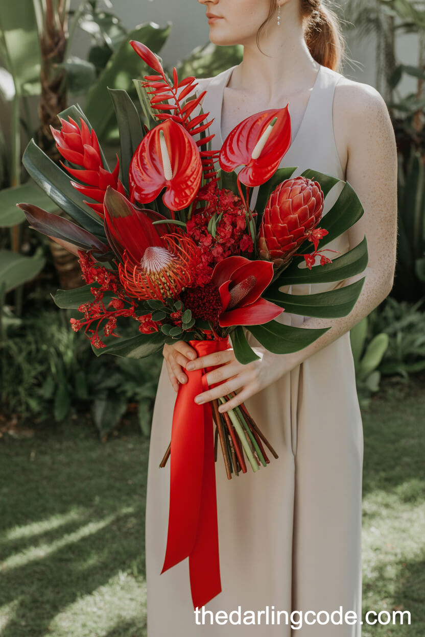 Striking Tropical Red Anthurium And Ginger Wedding Bouquet
