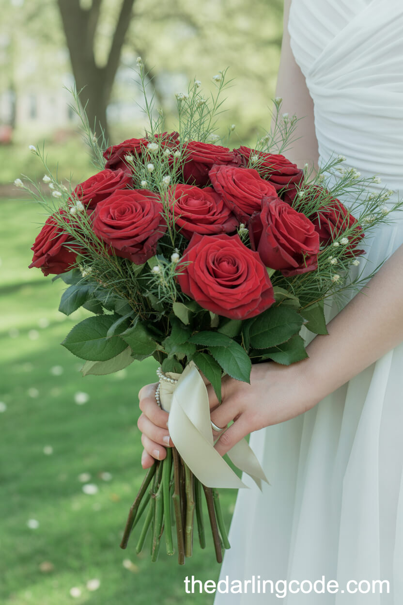 Classic Red Rose And Greenery Bridal Bouquet