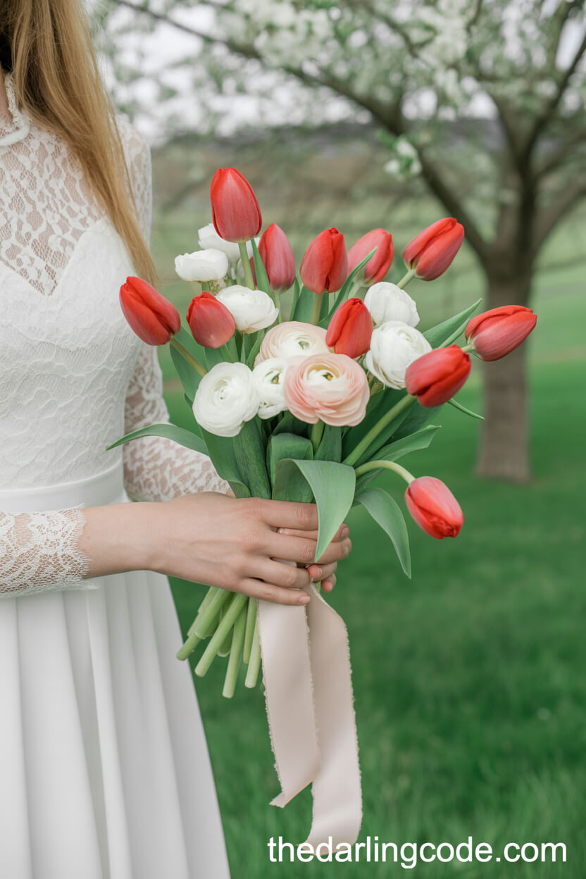 Airy Red Tulip And White Ranunculus Orchard Bouquet