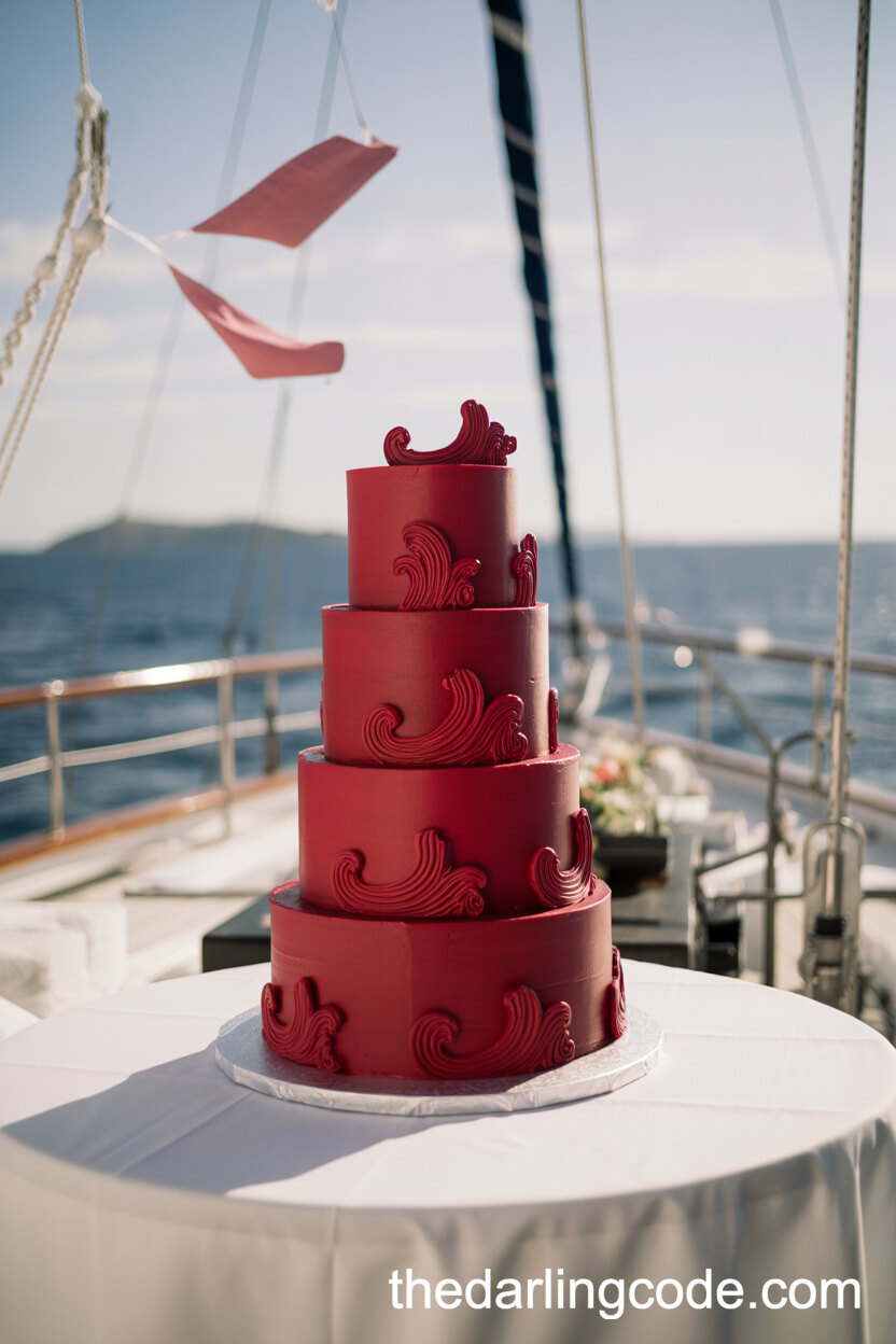 Bold Ruby Red Wedding Cake With Sugar Wave Decorations