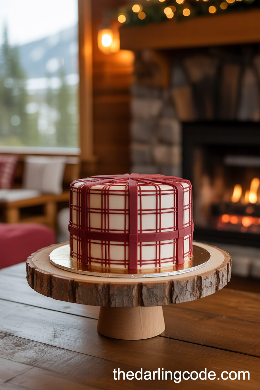 Dark Red Winter Wedding Cake With Frosted Berries And Pinecones