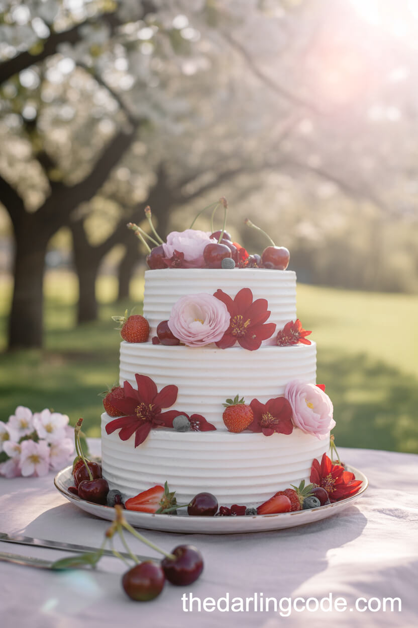 Semi-Naked Wedding Cake With Cascading Red Edible Flowers