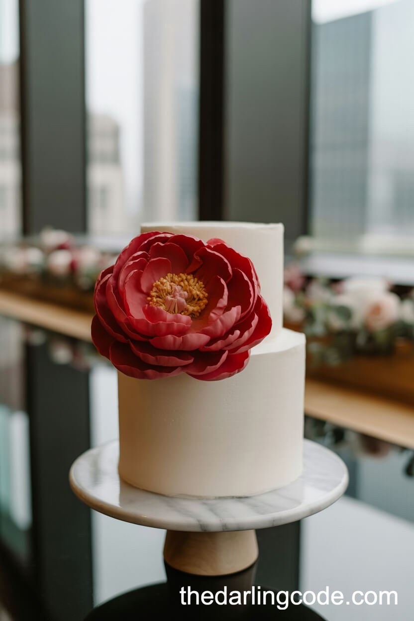 Naked Wedding Cake With Fresh Berries And Red Florals