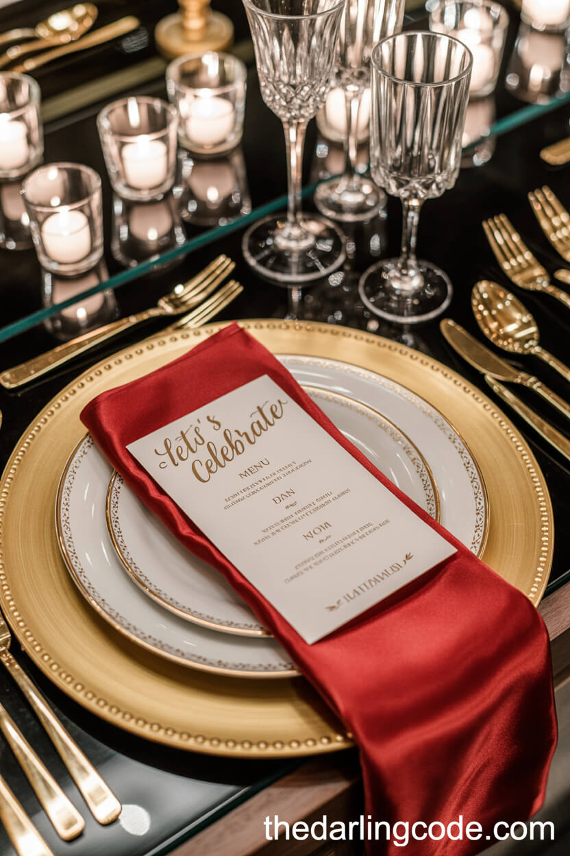 Elegant Wedding Place Setting With Red Satin Napkin
