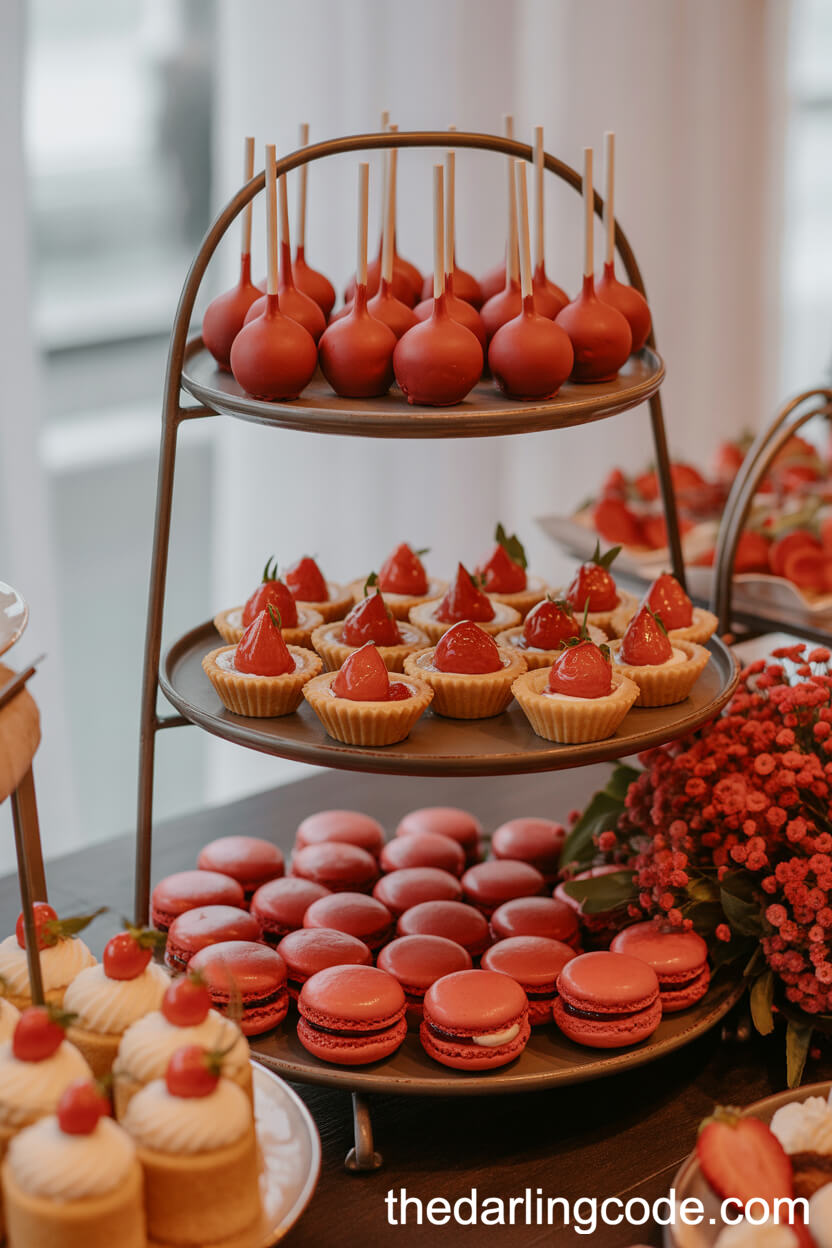 Dessert Bar With Red Velvet Sweets And Red Florals