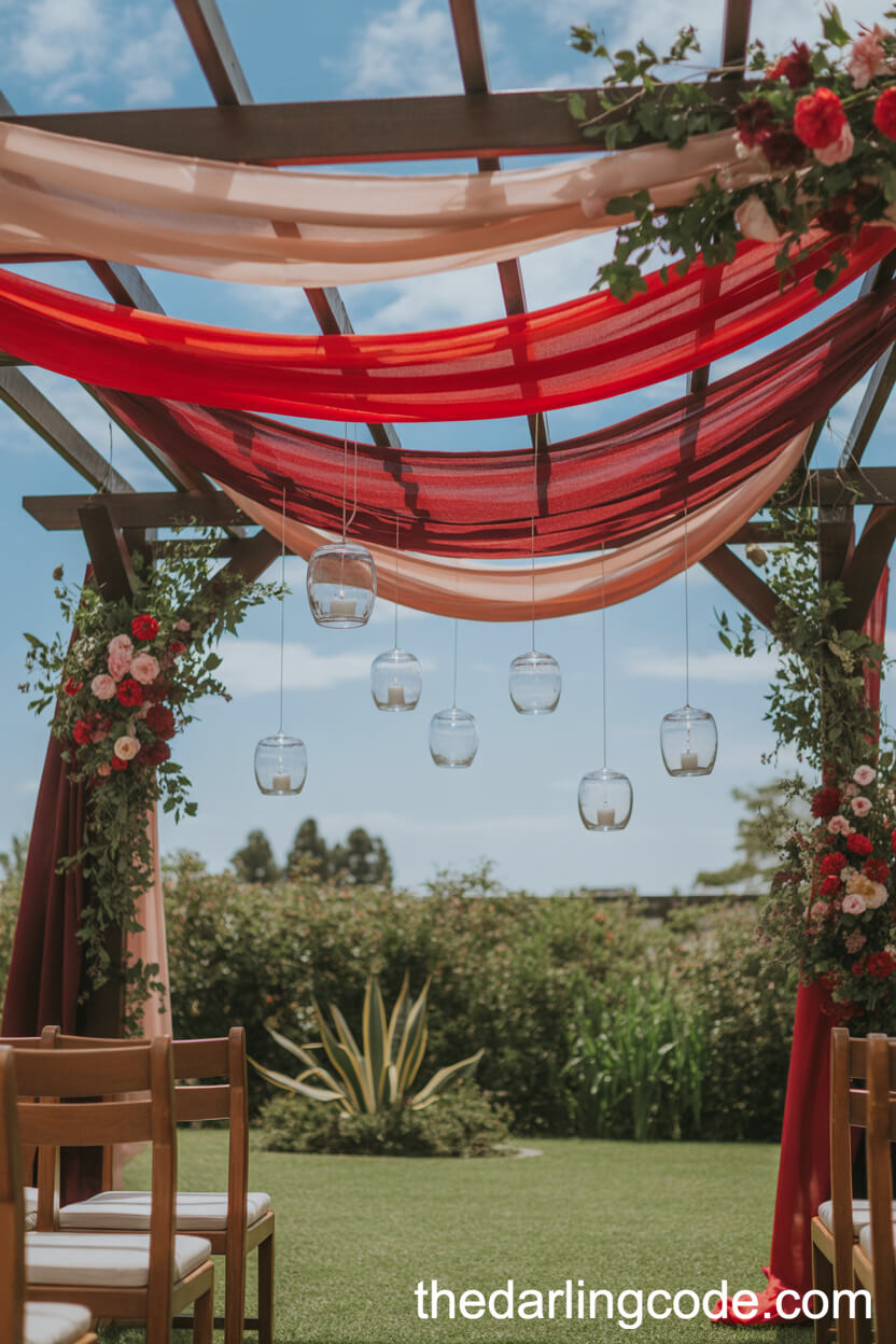 Garden Pergola Draped In Red And Burgundy Fabric