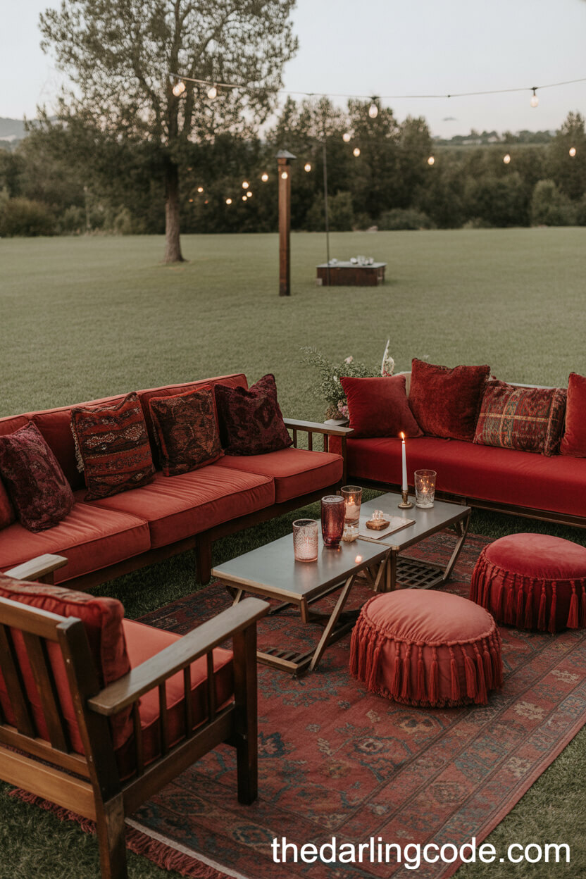 Outdoor Lounge With Red Velvet Sofas And Candlelight