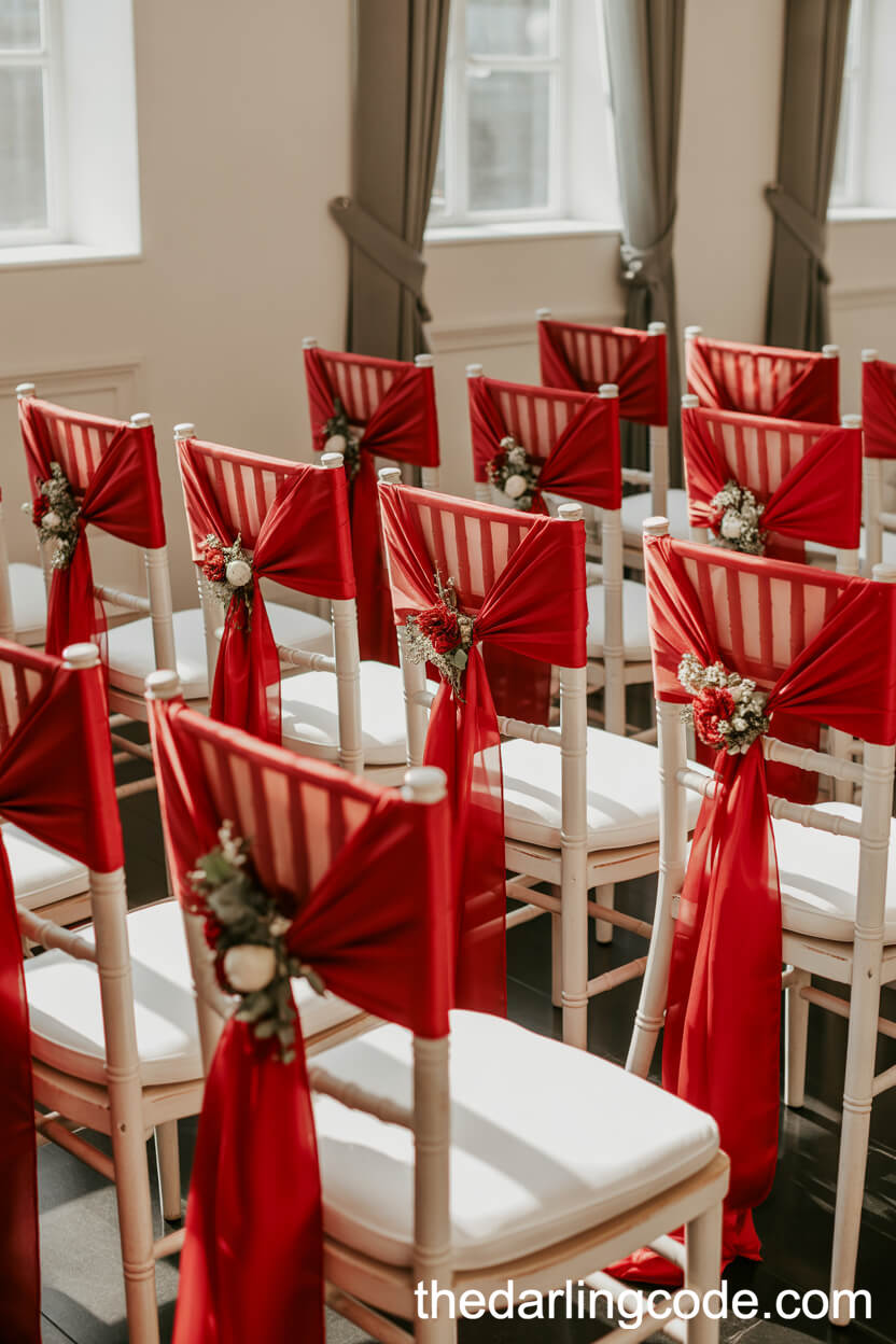 Ceremony Chairs With Elegant Red Silk Ribbons