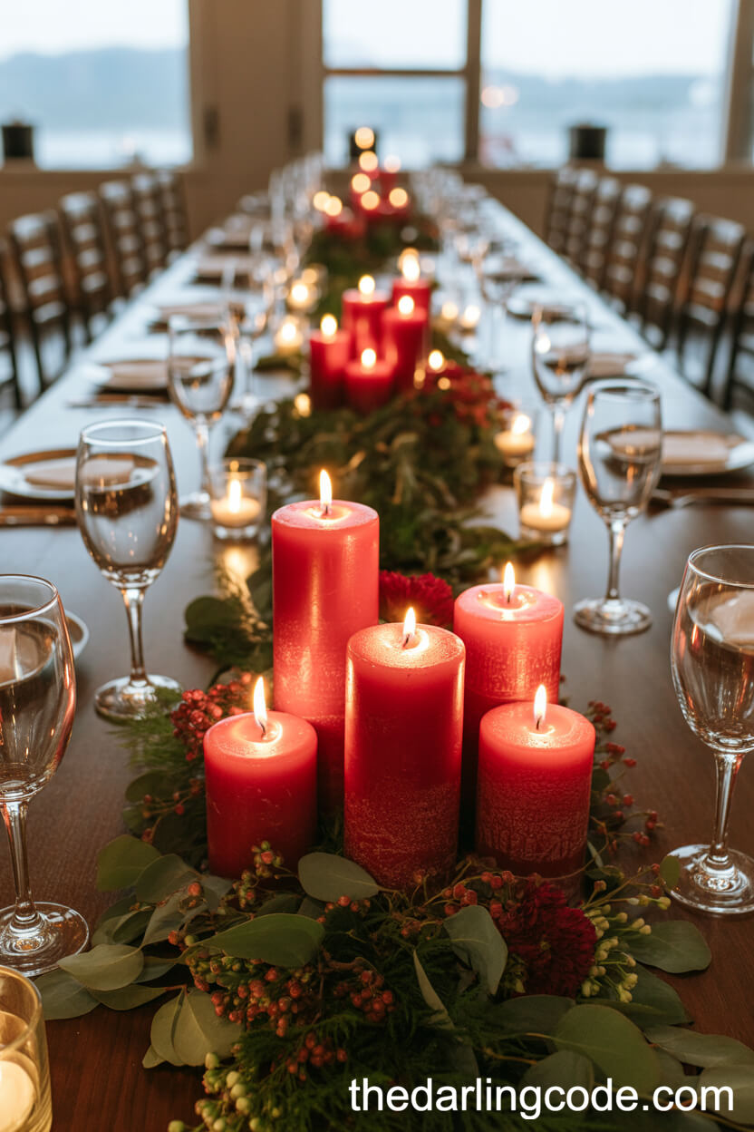 Reception Guest Table With Red Pillar Candle Clusters