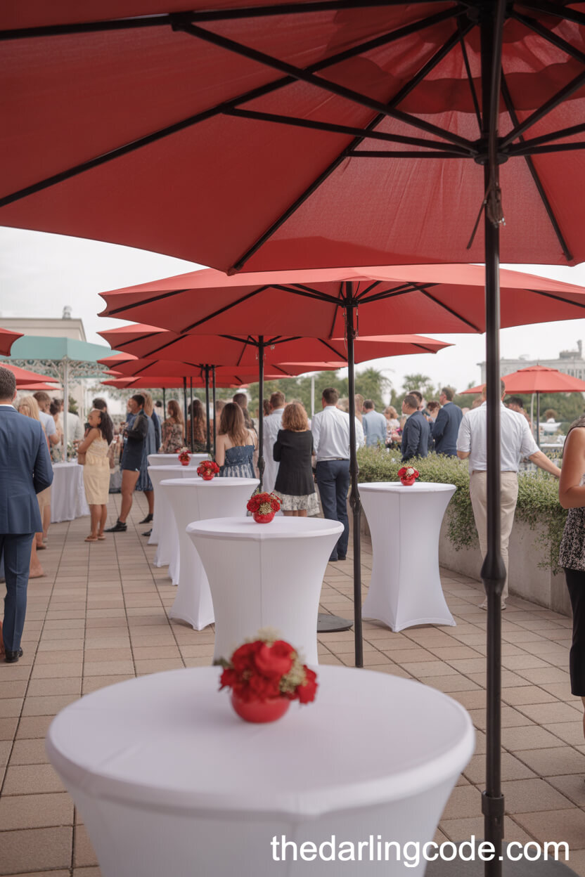 Cocktail Tables With Red Umbrellas And Bouquets