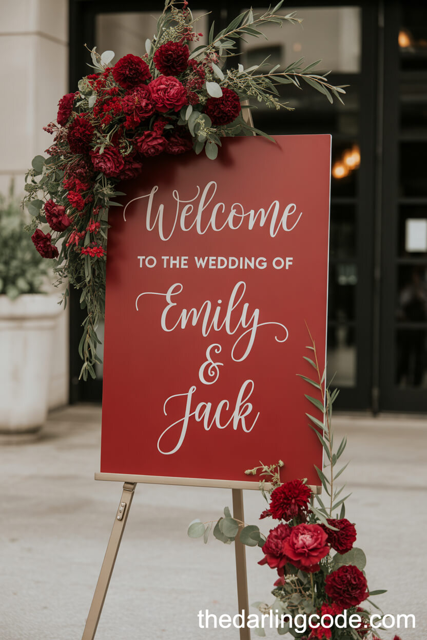 Red-Accented Wedding Welcome Sign With Floral Details