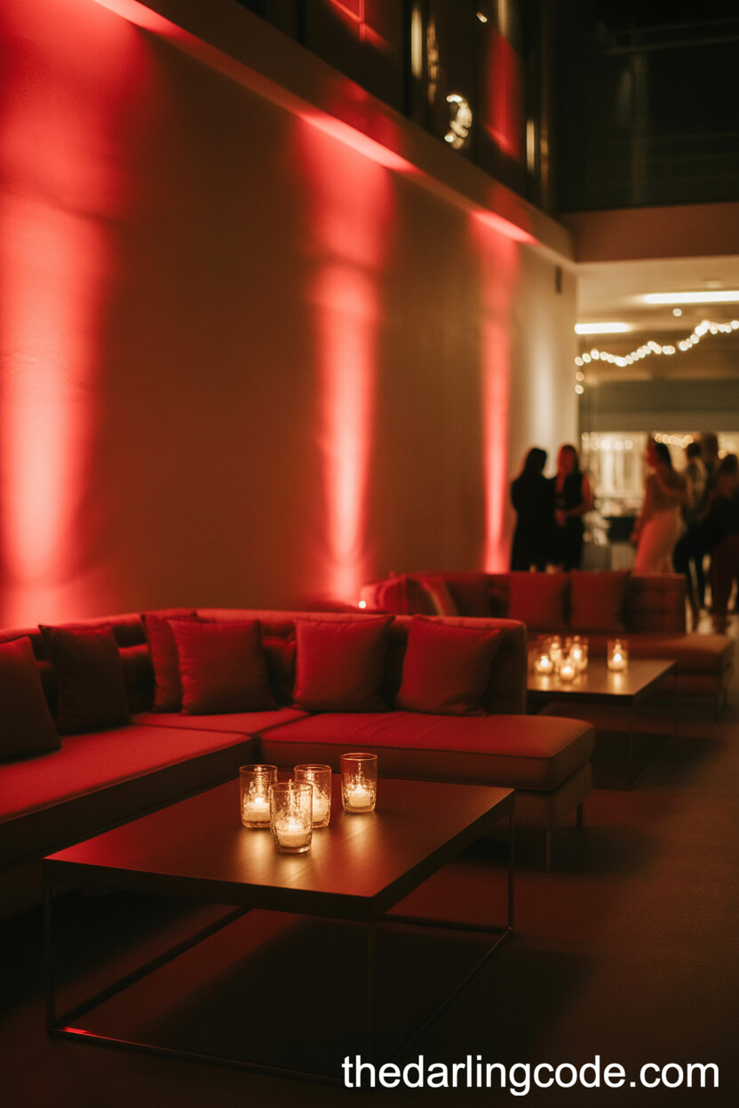 Evening Lounge Zone With Red And Burgundy Uplighting