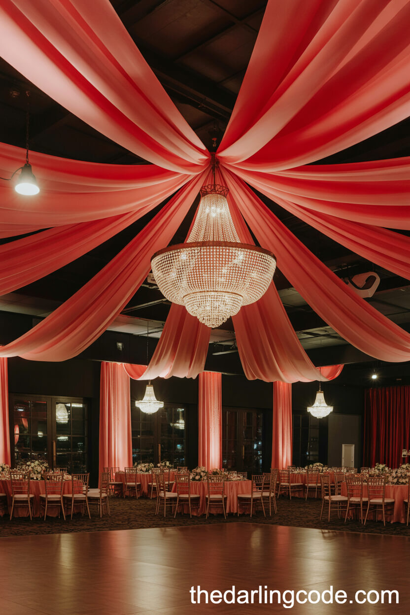 Dramatic Red Silk Drapes In The Reception Hall